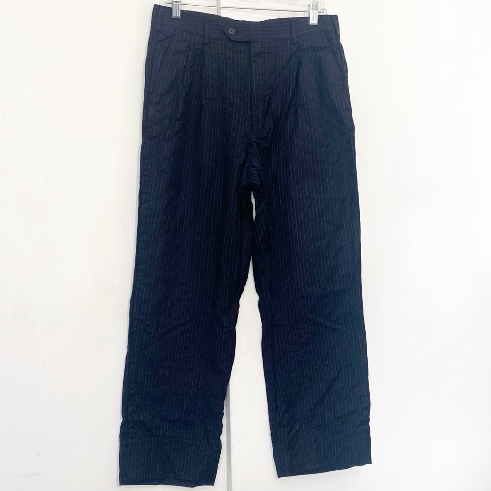 Calvin Klein Black Worsted Wool Pin Striped Pleat Front Trouser Pants 33